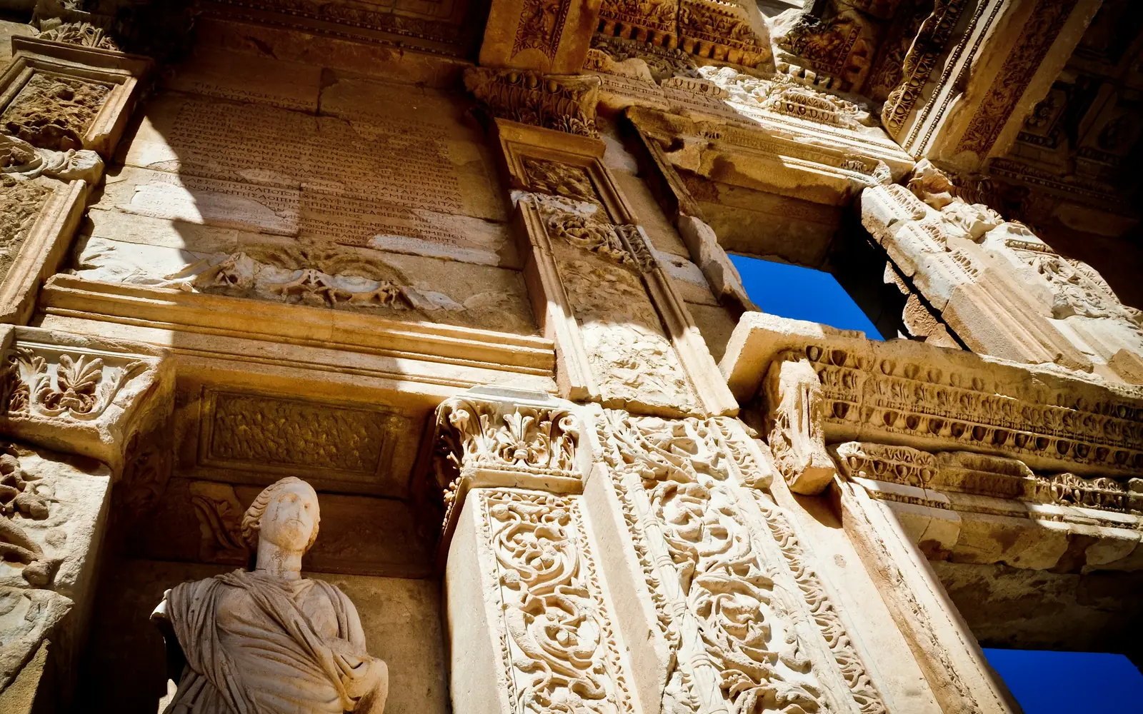 Close-up of carved marble ornament on a monument at Ephesus