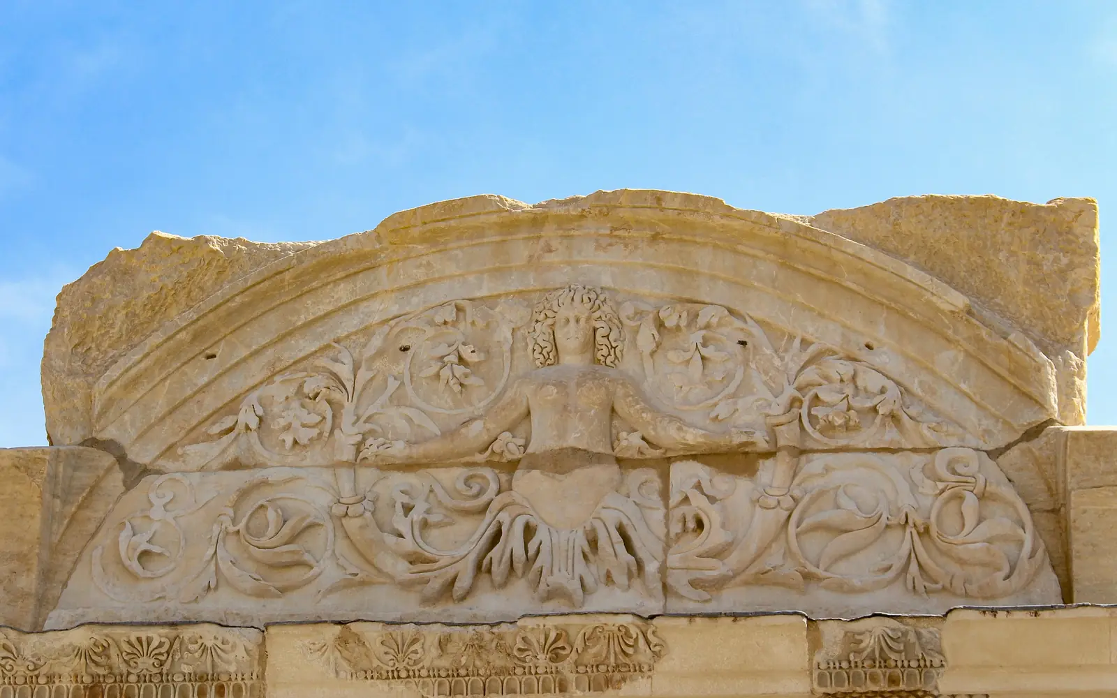 A carved marble relief from the Temple of Hadrian at Ephesus