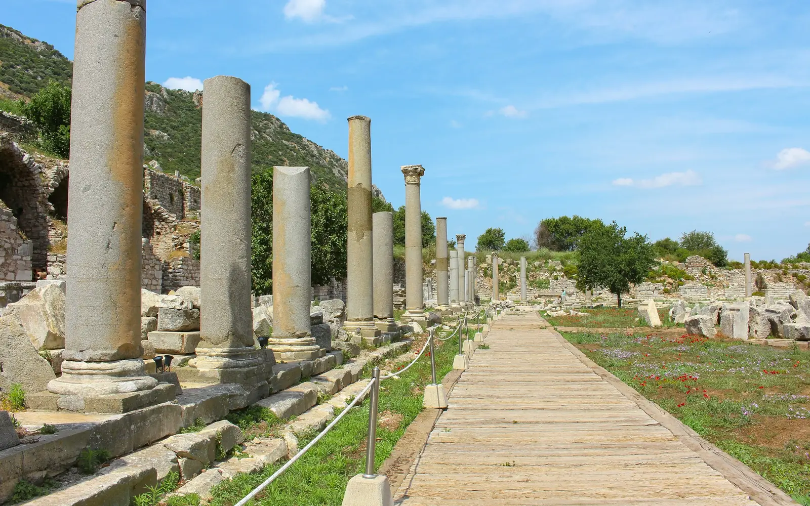 A colonnaded marble street at Ephesus with columns on either side