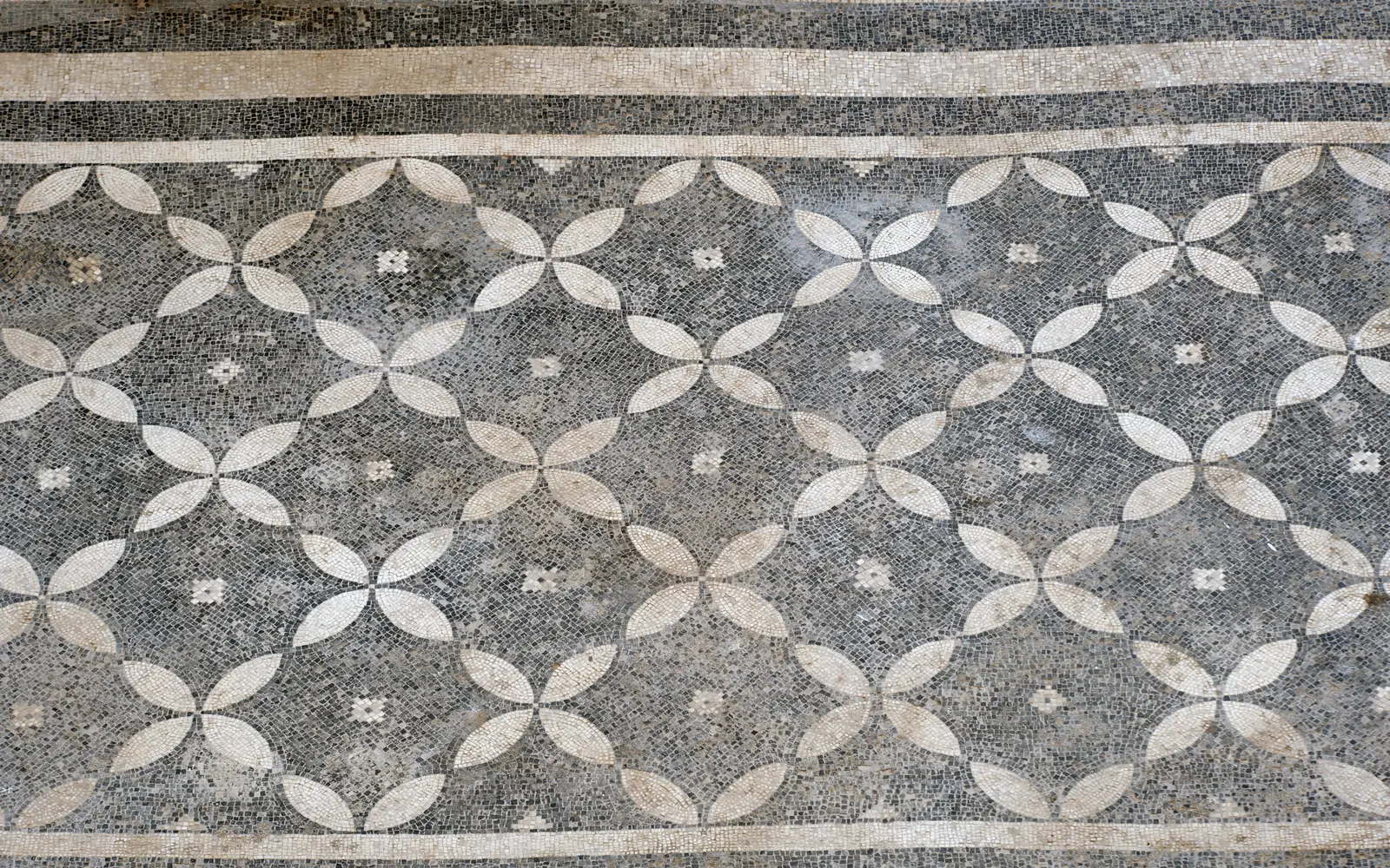 A geometric floor mosaic inside the Terrace Houses at Ephesus